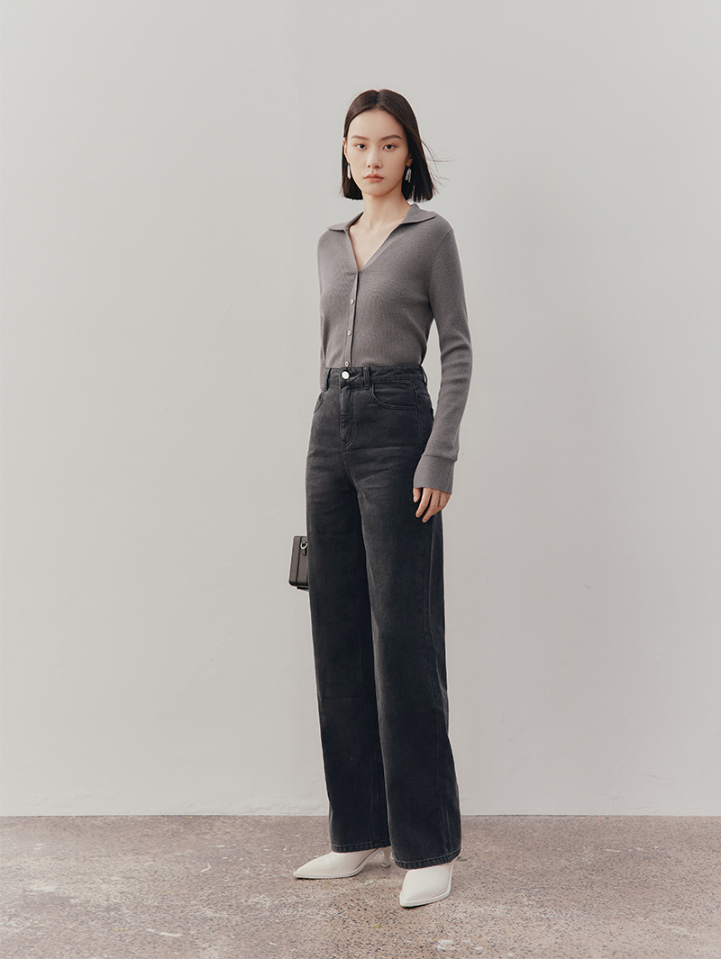 Women's Classic Dark Gray Wide Leg Denim Jeans