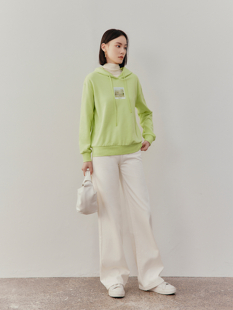 Women's Monet Collaboration Fluorescent Green Long Sleeve Knit Hooded Sweatershirt