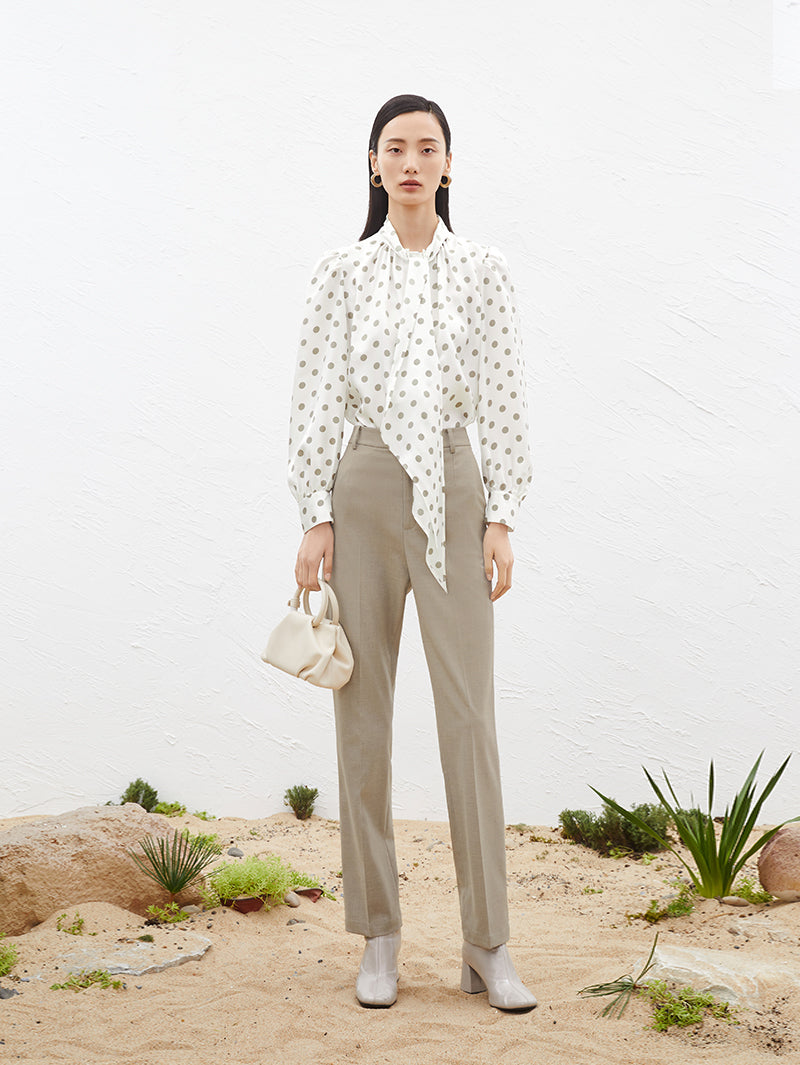 Women's Polka Dots Puff Sleeve Silk Blouse