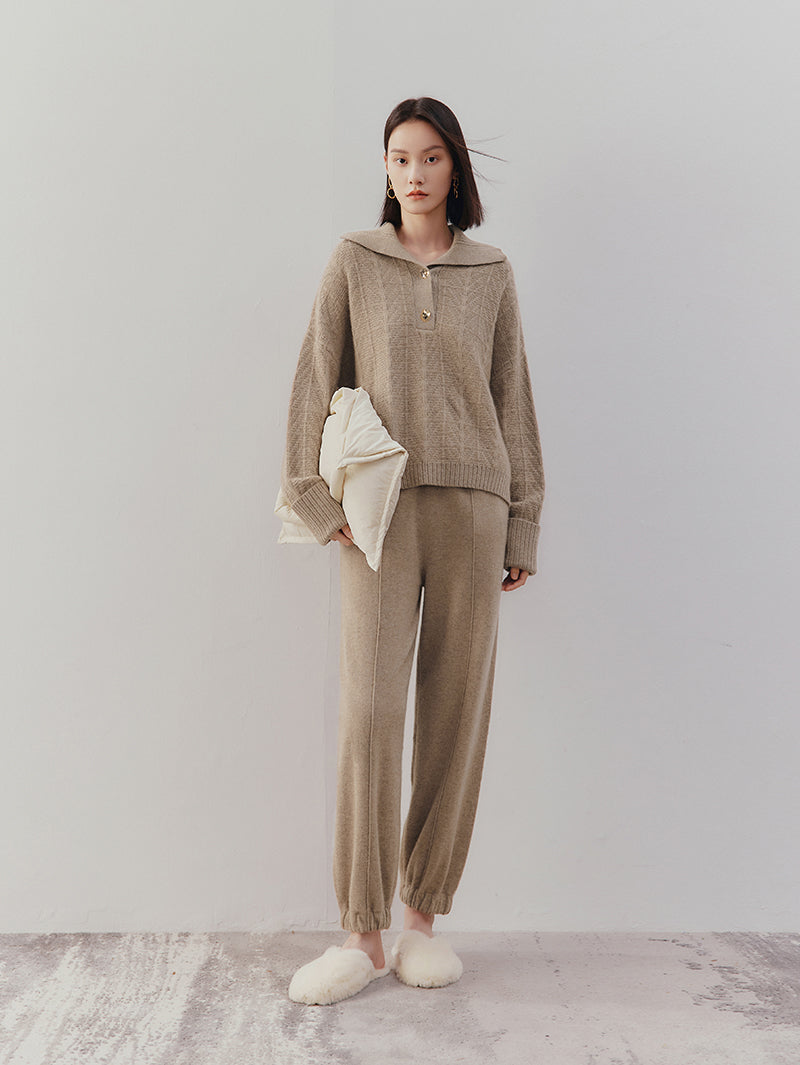 Women's Brown Polo Neck Ribbed Knit 100% Cashmere Sweater