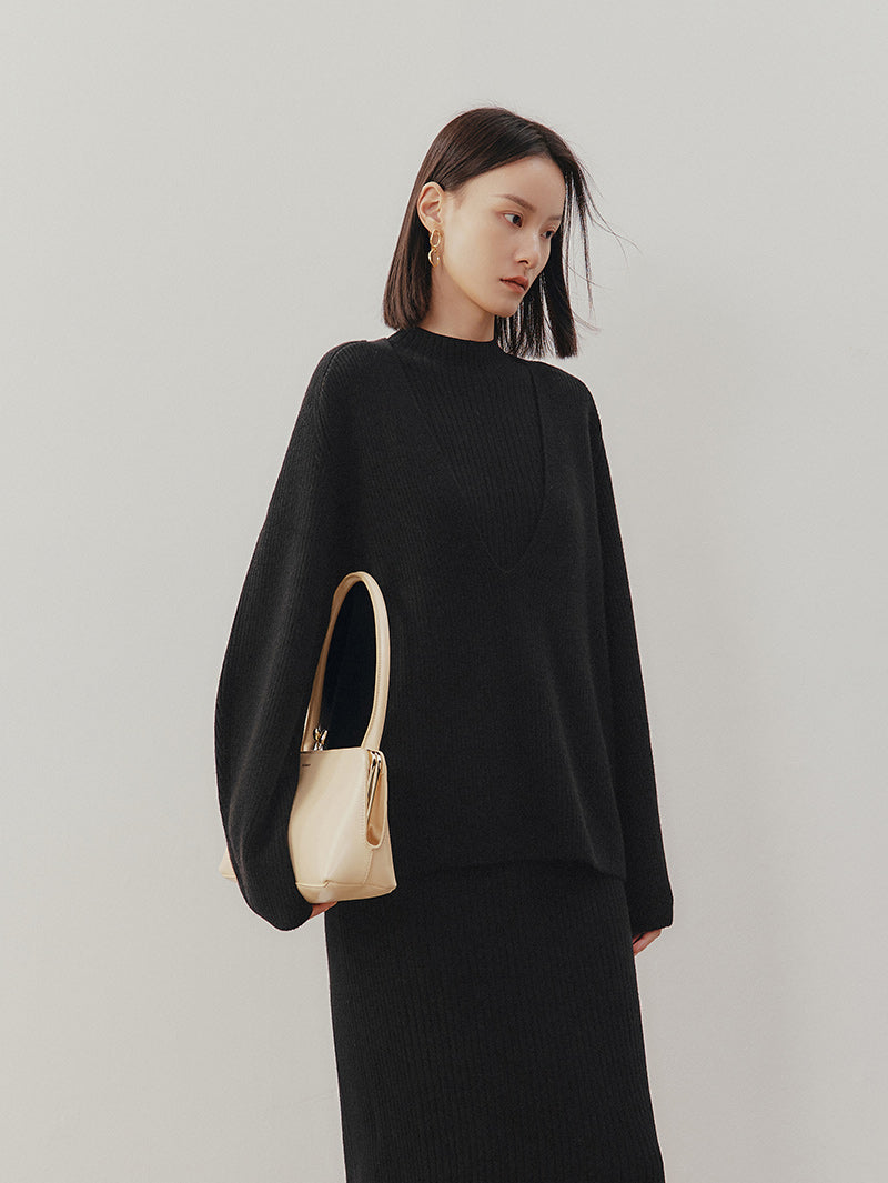 Women's Black V Neck Long Sleeve Wool Sweater