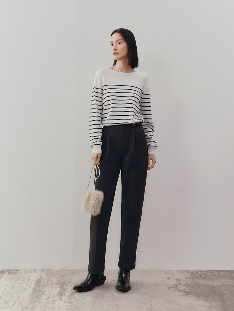 Women's White Stripe Round Neck Knit Cashmere Sweater