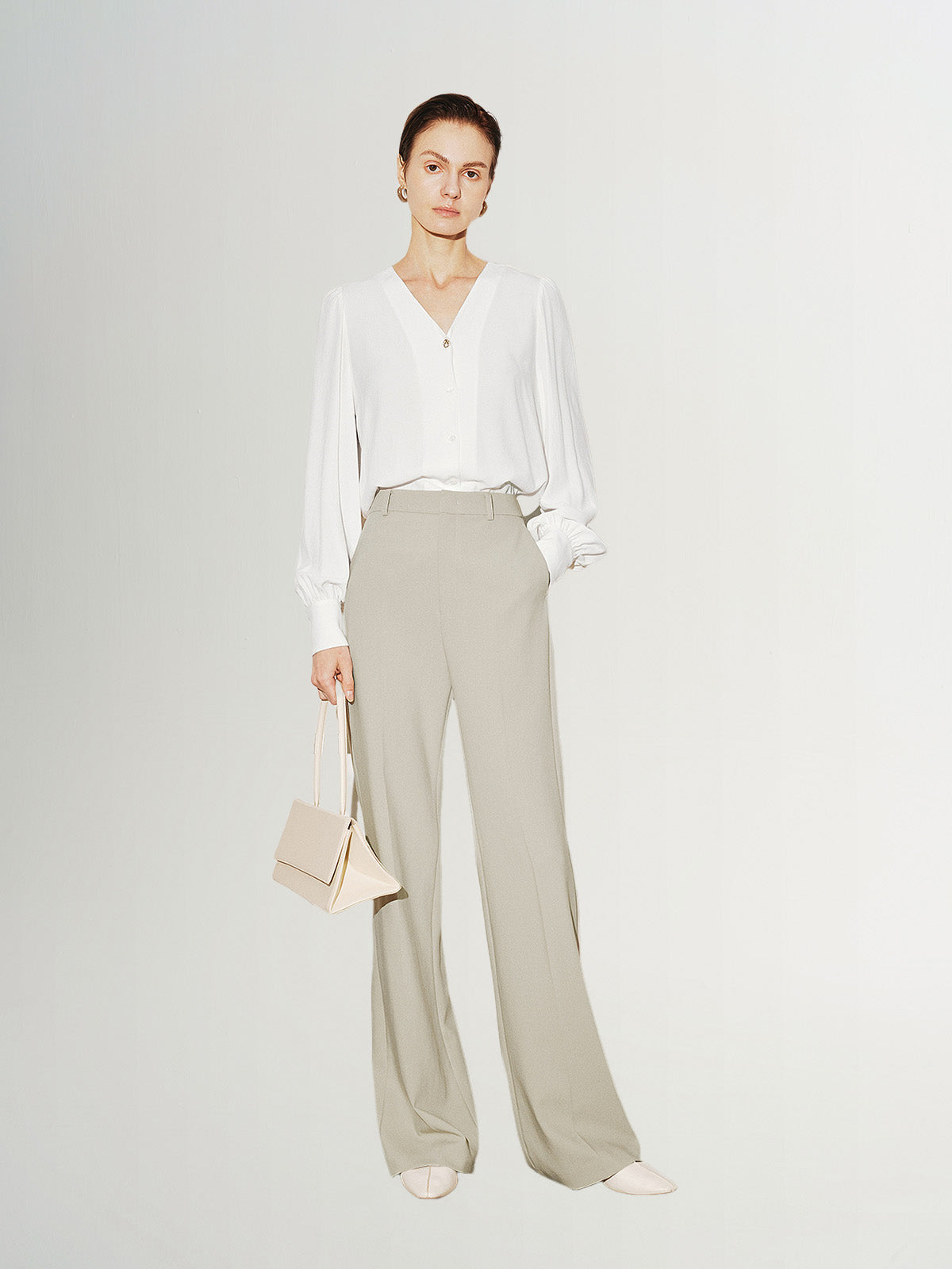 Women's White V Neck Long Sleeves Shirt