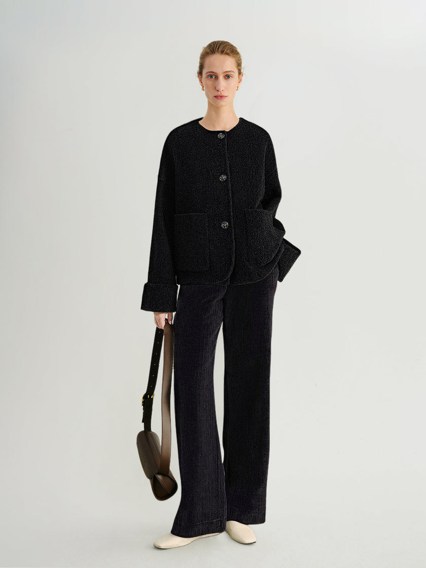 Wool-Camel Blend Round-Neck Short Jacket