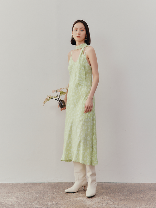 Load image 1 in gallery view. Women's Green FloralV Neck Slip Dress