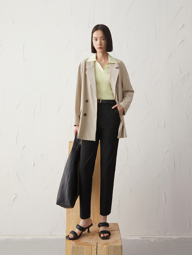 Women's Black Small Leg Trousers Sheep Wool with Belt