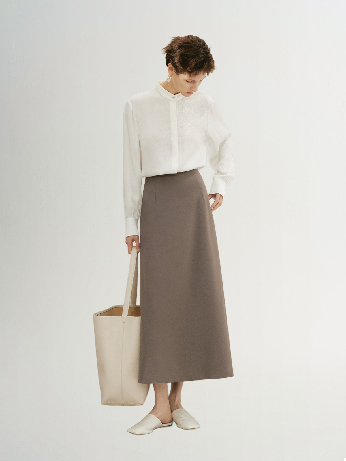 Jupe évasée marron taille haute en laine