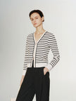 Women's White Black Stripes V Neck Button Down Knitwear Top