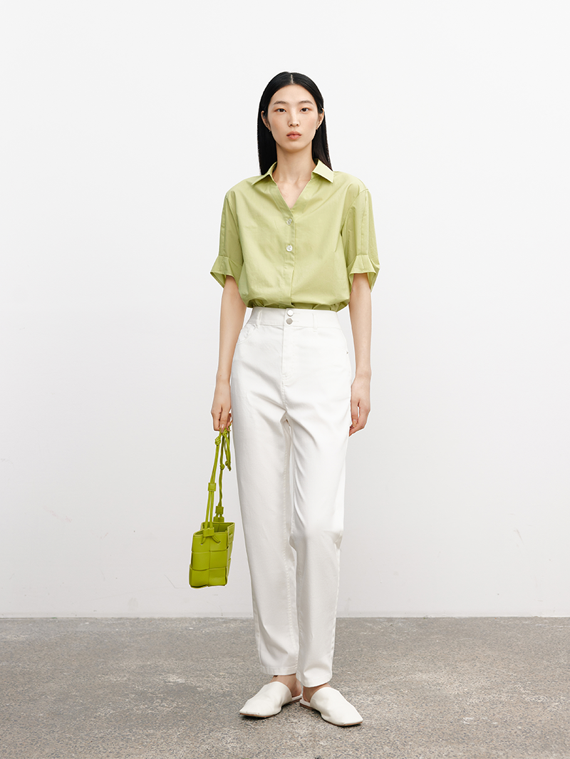 Women's Green  Polo V Neck Short Sleeves 100% High Quality Cotton Shirt