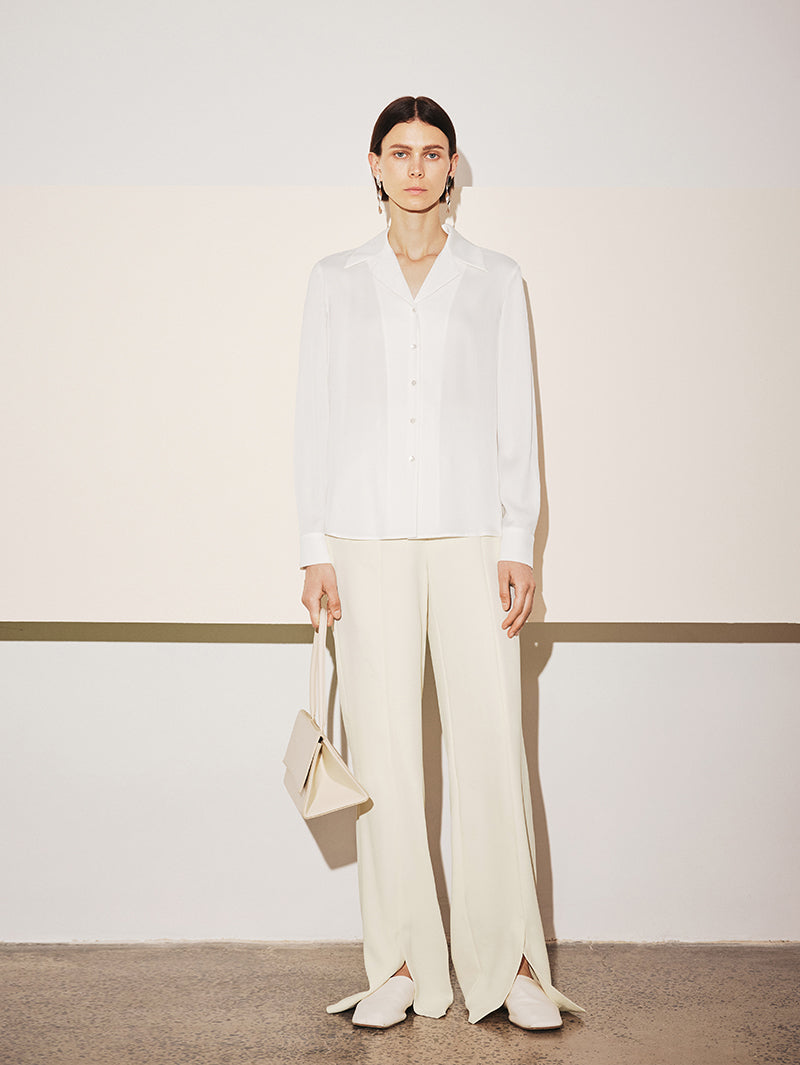 Women's White Notch Lapel Long Sleeves Silk Shirt