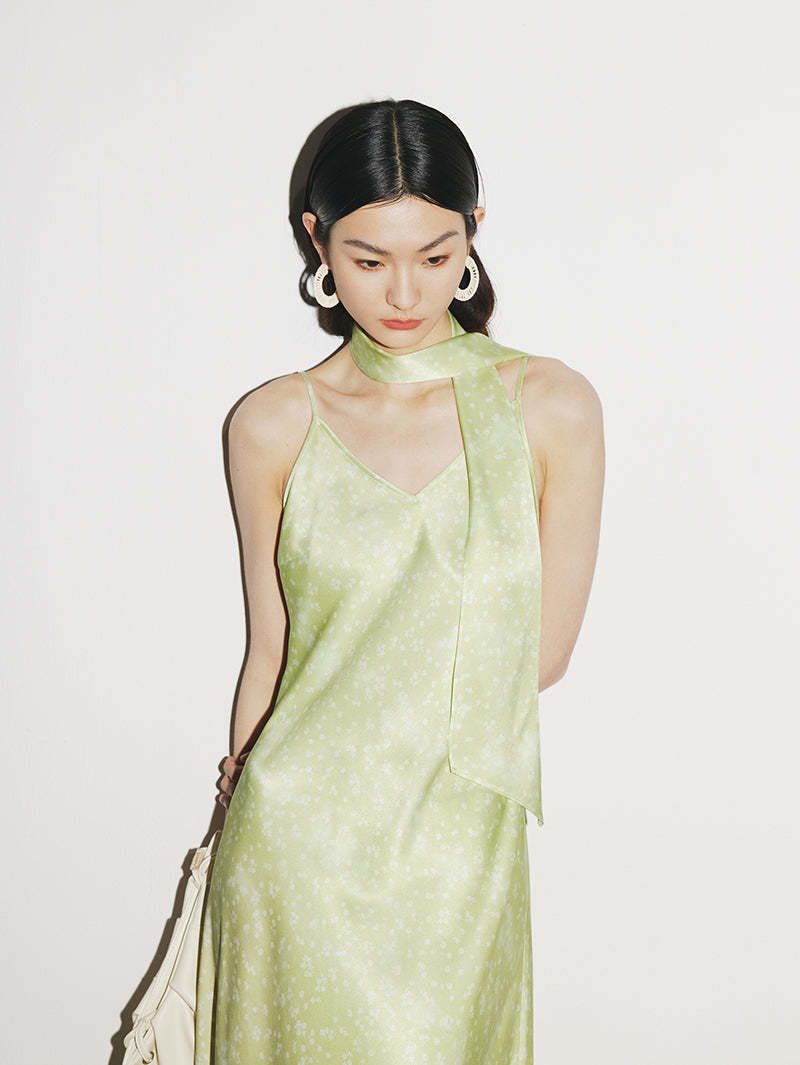 Women's Floral Light Green V Neck Smooth Acetate Slip Dress