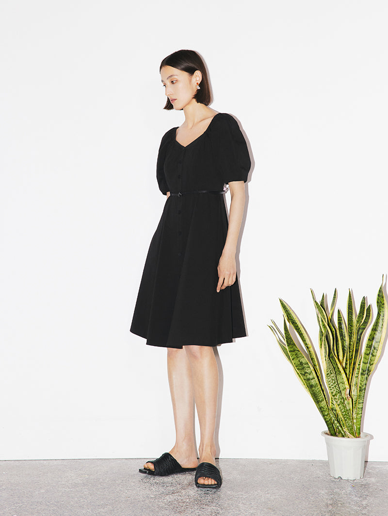 Women's Black Square Neck Puff Sleeves Slim Fit Cotton Dress