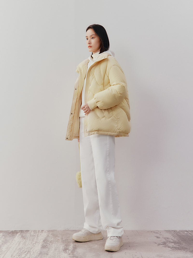 Women's Light Yellow  Stand Collar Goose Puffer Jacket