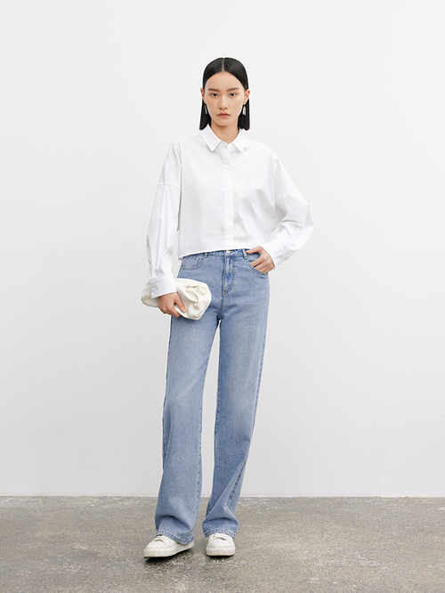 Charger l'image 1 dans la galerie. Women's White Classic Collar Pleat Deisgn Long Sleeve Short Shirt