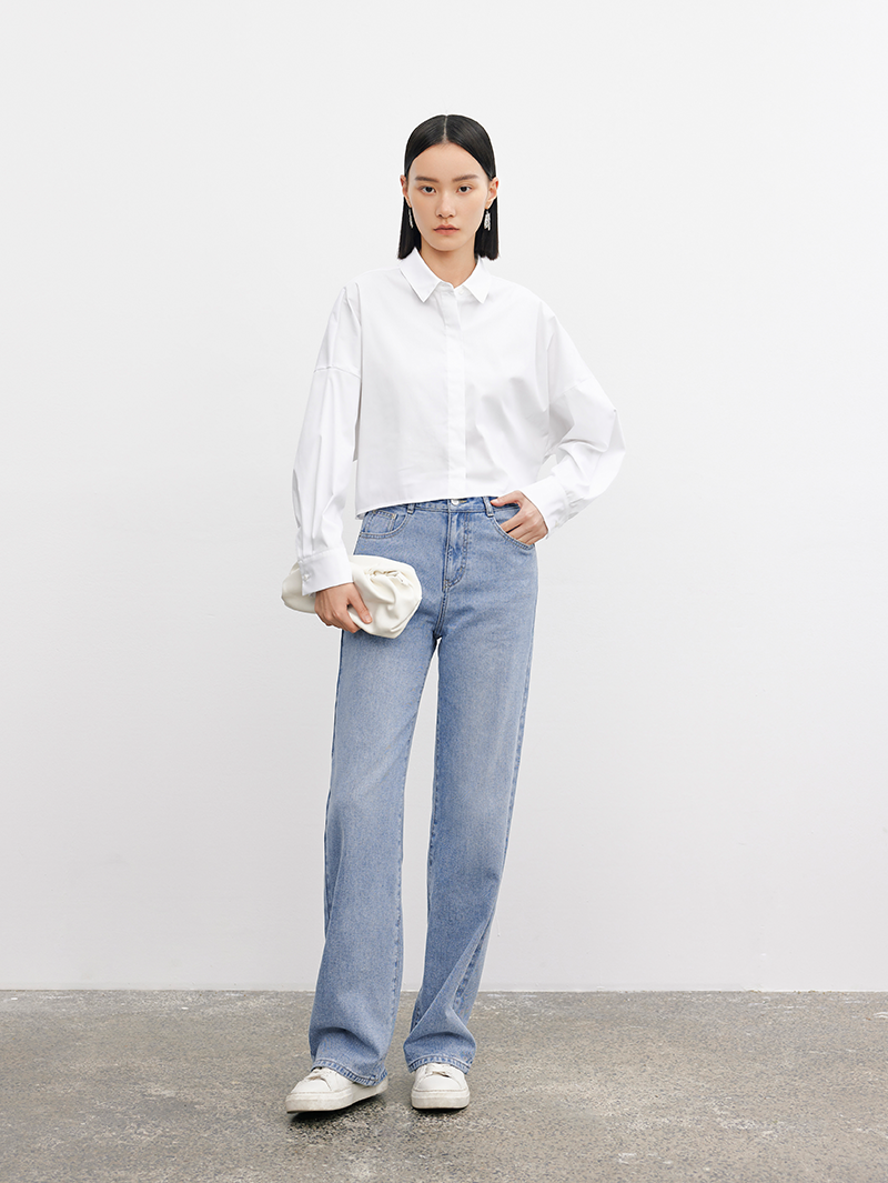 Women's White Classic Collar Pleat Deisgn Long Sleeve Short Shirt