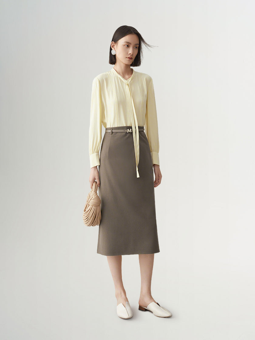 Women's Light Yellow Bow-knot Neck Long Sleeve Acetate Blouse