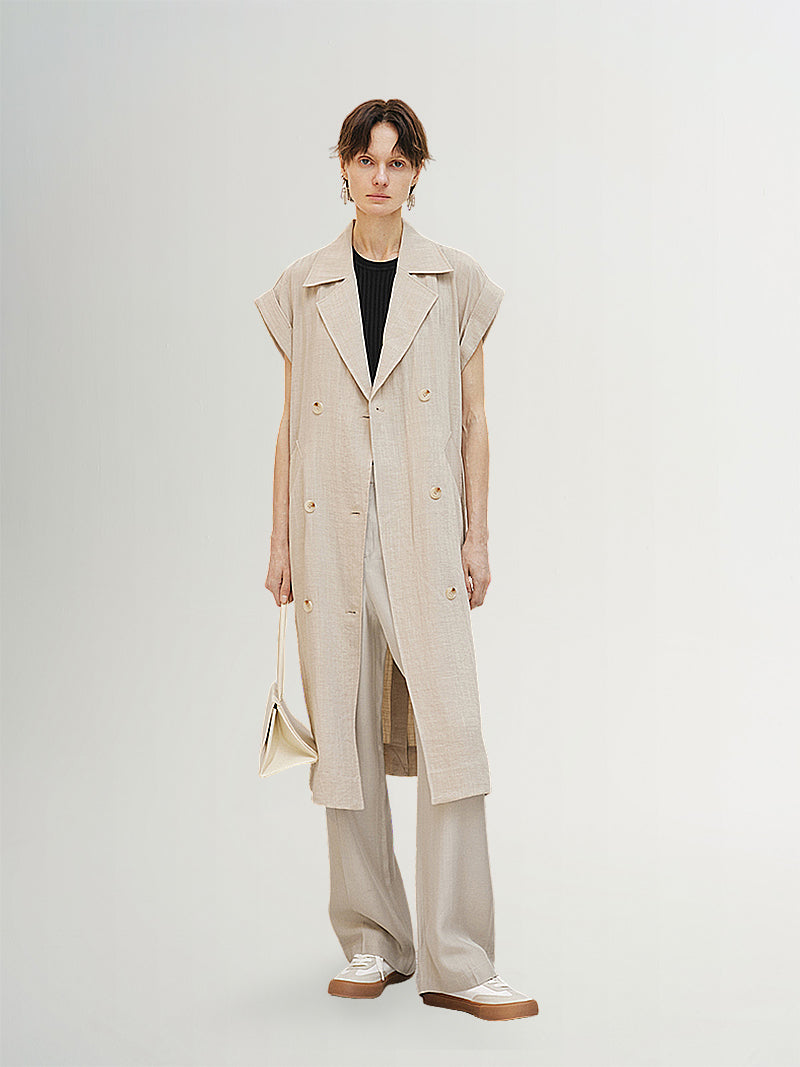 Women's Light Khaki Notch Lapel Short Sleeves Double Breasted Dress