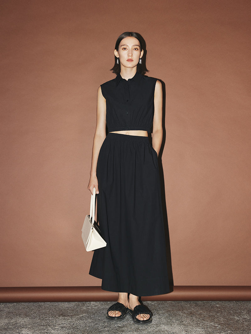 Women's Black Classic Collar Sleeveless Short Shirt