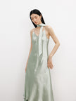 Women's Light Green V Neck Smooth 100% Acetate Slip Dress