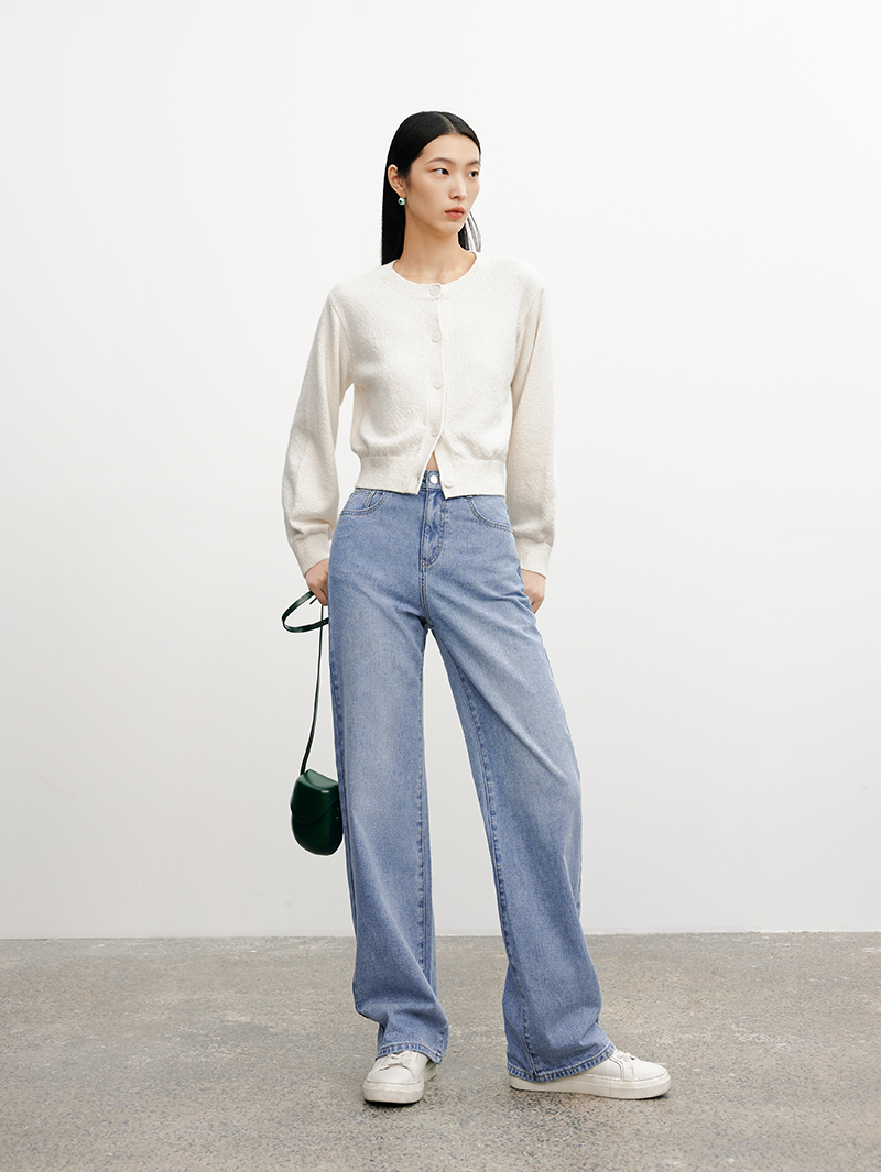 Women's Off-White Round Neck Button Down Cotton Wool Cardigan Sweater