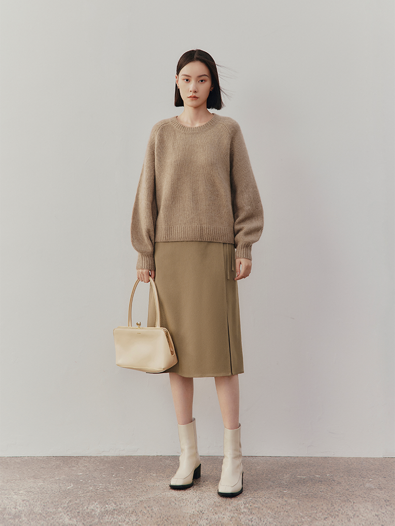 Women's Light Coffee Hight Waist A-Line Mid Length Skirt