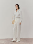 Women's White Classic Collar Long Sleeve 100% Cotton Round Hem Shirt