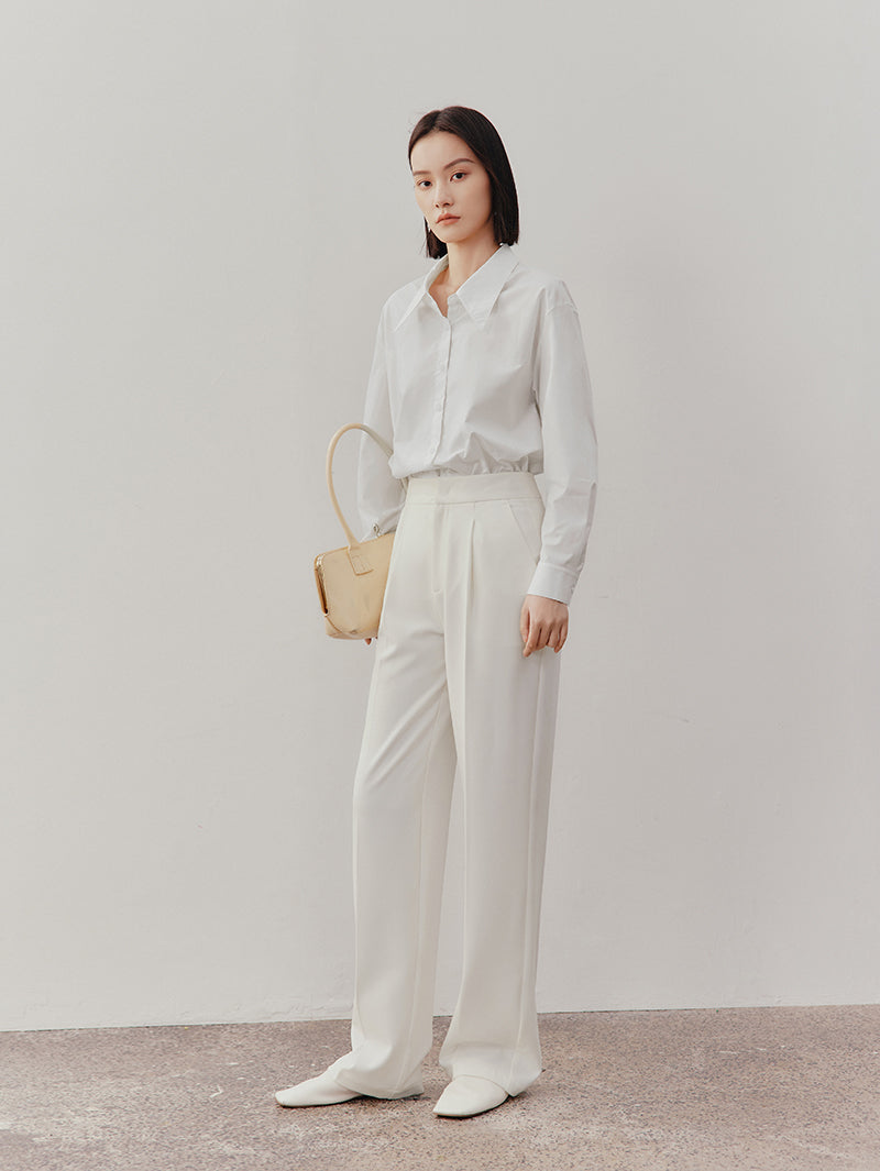 Women's White Classic Collar Long Sleeve 100% Cotton Round Hem Shirt