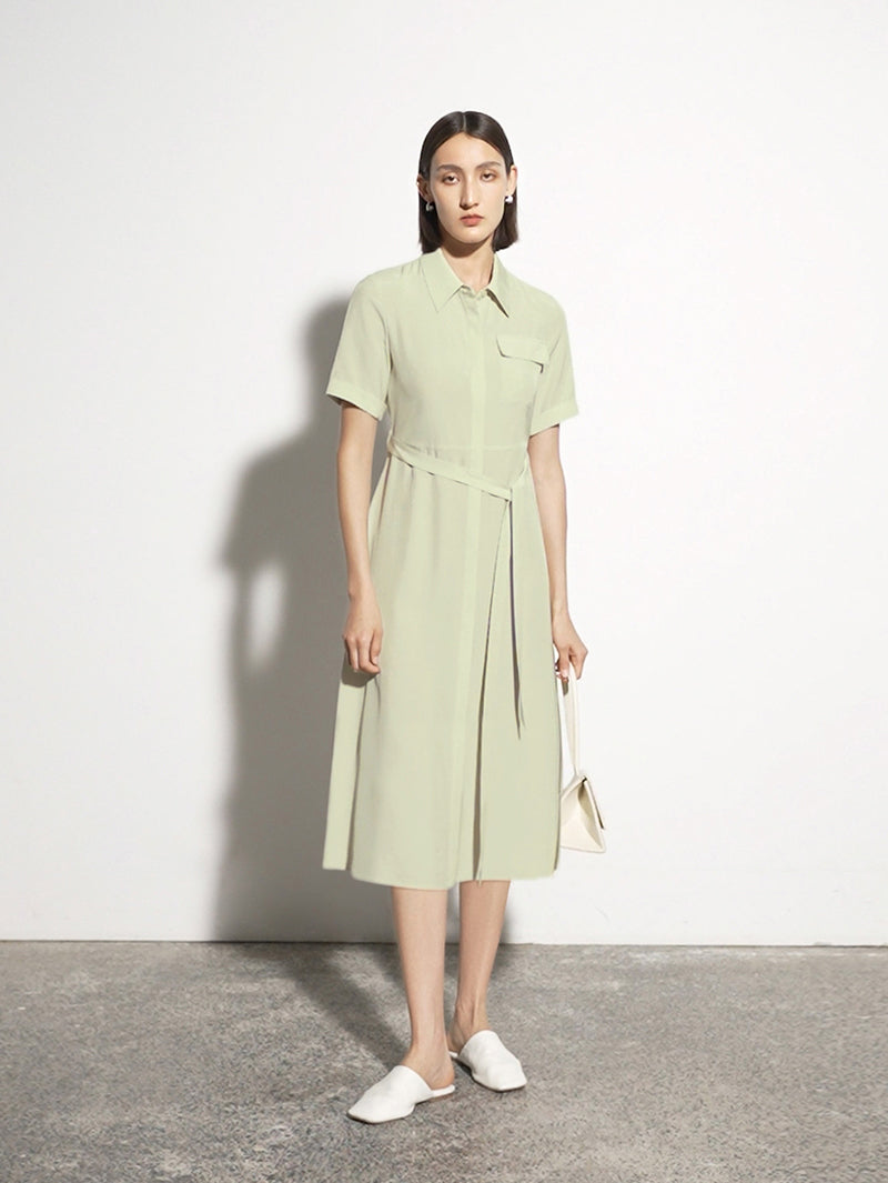 Women's Light Green Stand Collar Short Sleeves Button Down Dress