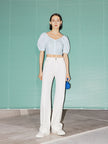 Women's Ice Point Blue Square Neck Puff Sleeves 100% Cotton Short Blouse Shirt 5E5222691