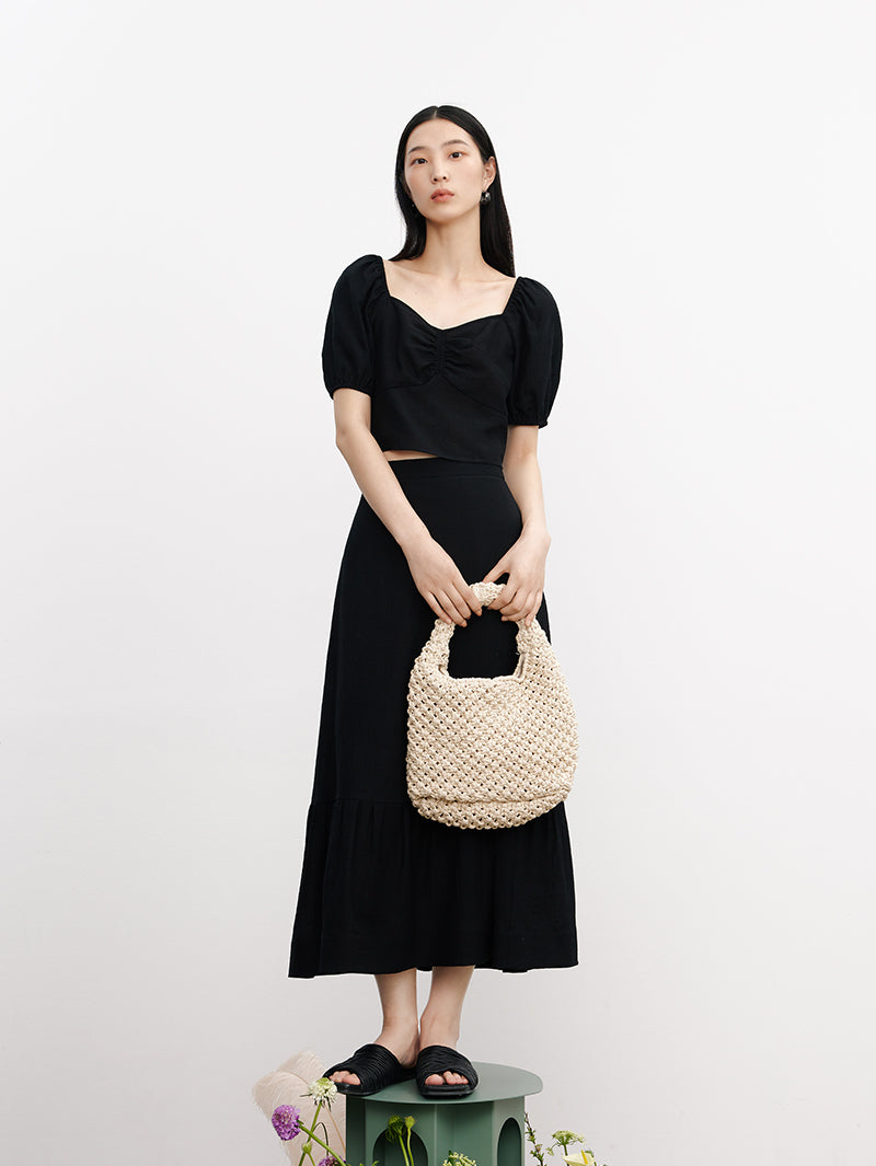 Women's Black Elastic Wasit Flounce Skirt