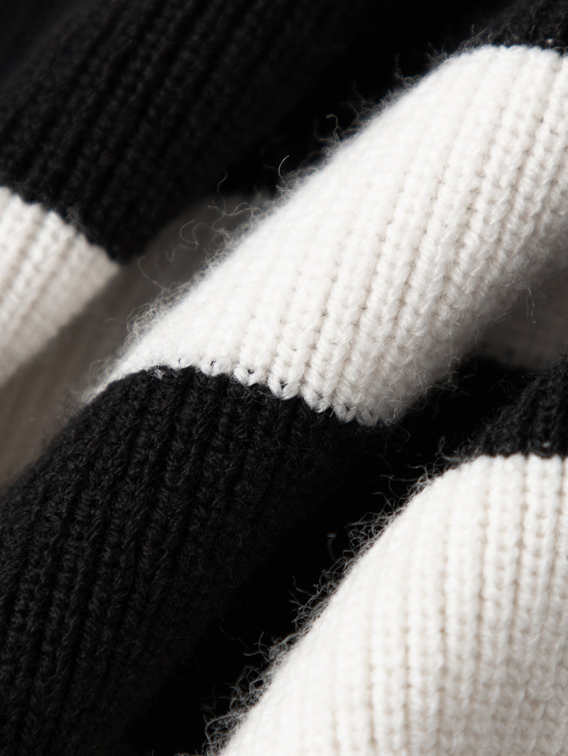 Women's Black Stripe Polo Zipper Neck Sleeveless Knitted Sweater、