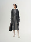Dark gray sheepskin cardigan with puffed sleeves and V-neck
