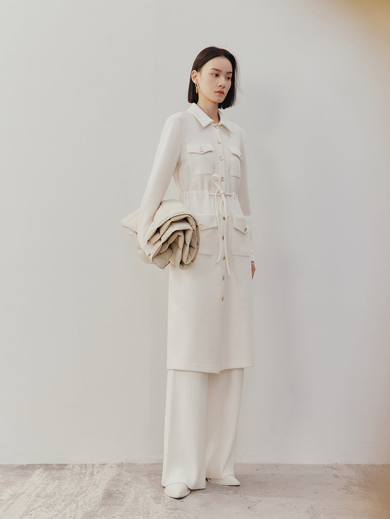 Women's White Wool Classic Collar Long Sleeve Drawstring Wasit Dress
