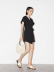 Women's Black V Neck Short Sleeves Stable Sucker Belted Dress