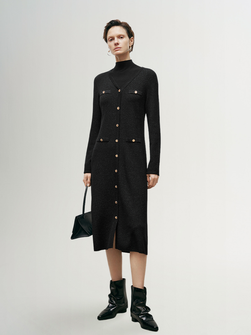 Load image 1 in gallery view. Black shimmering wool jersey dress