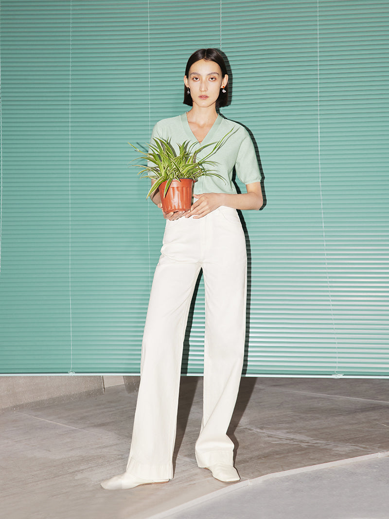 Women's Mint Green V Neck Short Sleeves Lyocell Knit Top