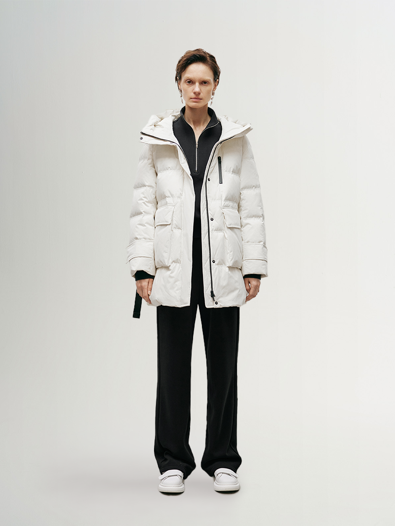 Women's White Waterproof Goose Mid-Length Puffer Jacket