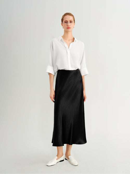 Load image 1 in gallery view. 100% Mulberry Silk Relaxed-Fit Drop-Shoulder Lapel Three-Quarter Sleeve Shirt