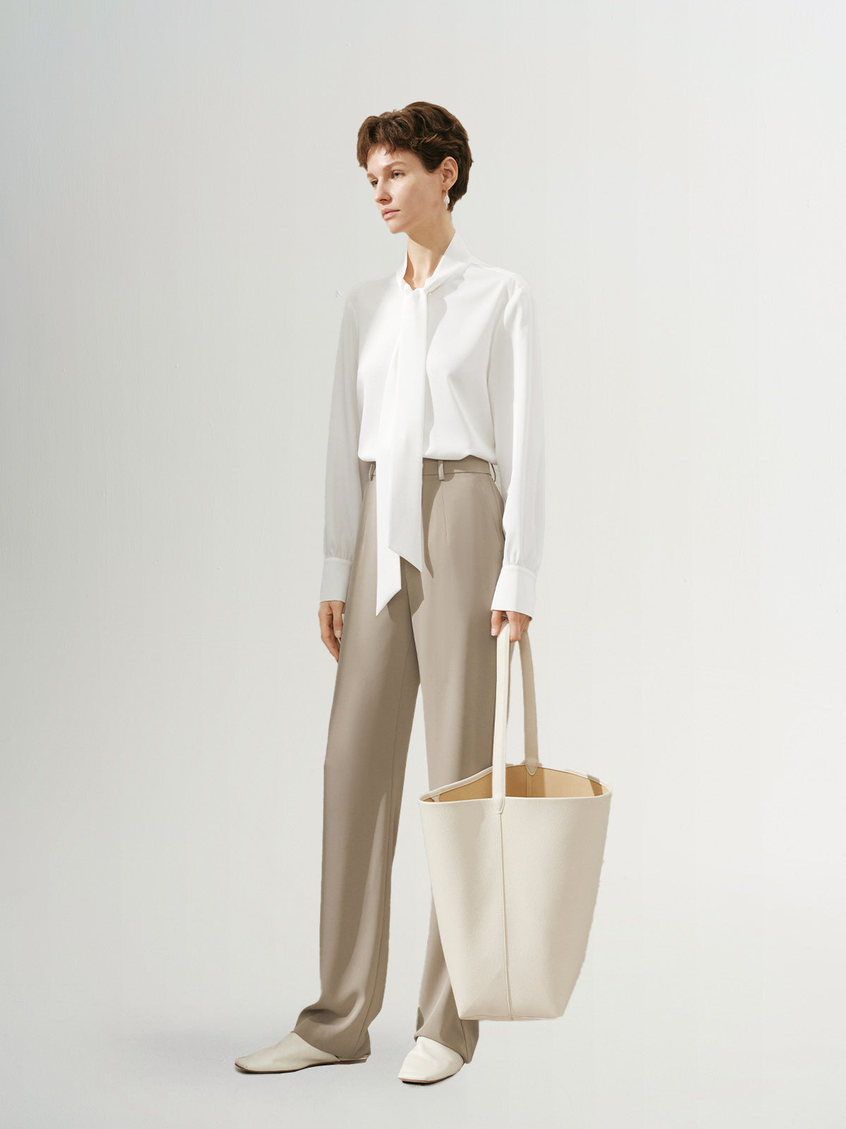 Women's Plain White Tie Neck Long Sleeves Smooth Acetate Shirt