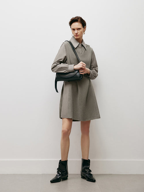 Load image 1 in gallery view. Women's Brown Classic Collar Long Sleeve Wool Vest Splicing Dress