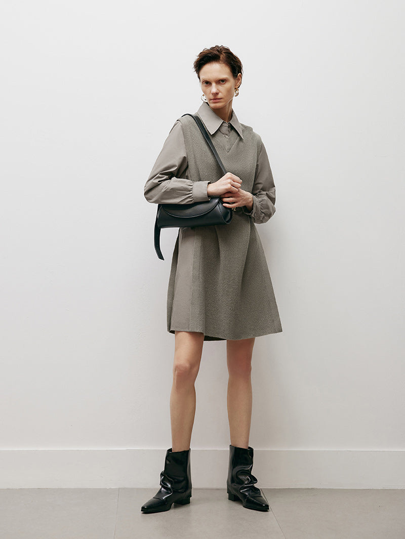 Women's Brown Classic Collar Long Sleeve Wool Vest Splicing Dress