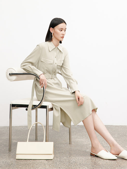 Load image 1 in gallery view. Belted dress with classic collar, long sleeves, beige