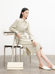 Belted dress with classic collar, long sleeves, beige