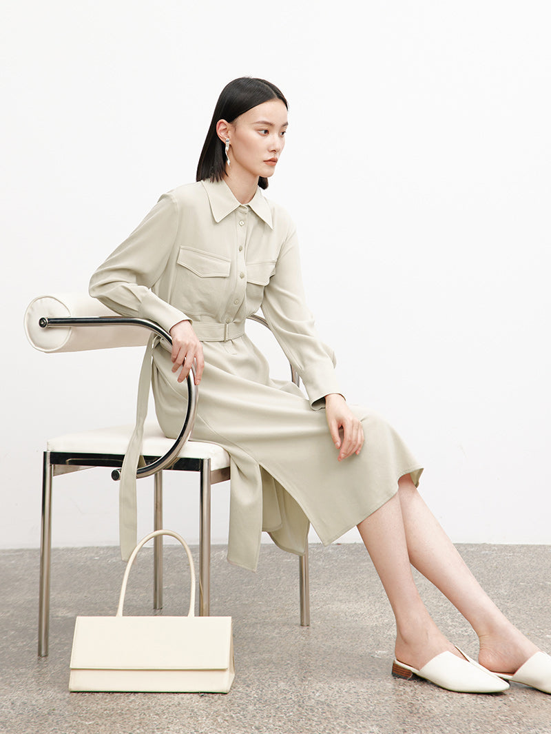 Belted dress with classic collar, long sleeves, beige