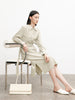 Belted dress with classic collar, long sleeves, beige