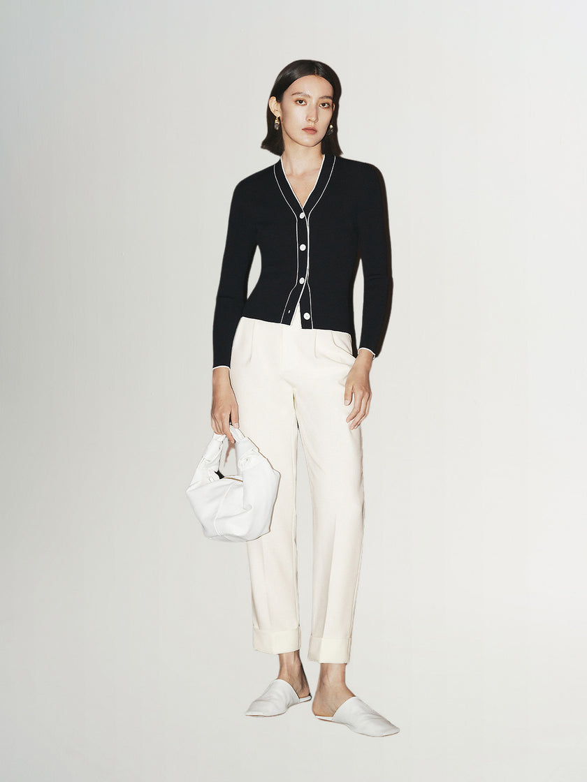 Pull noir à col en V, manches longues et boutons - Slim Fit