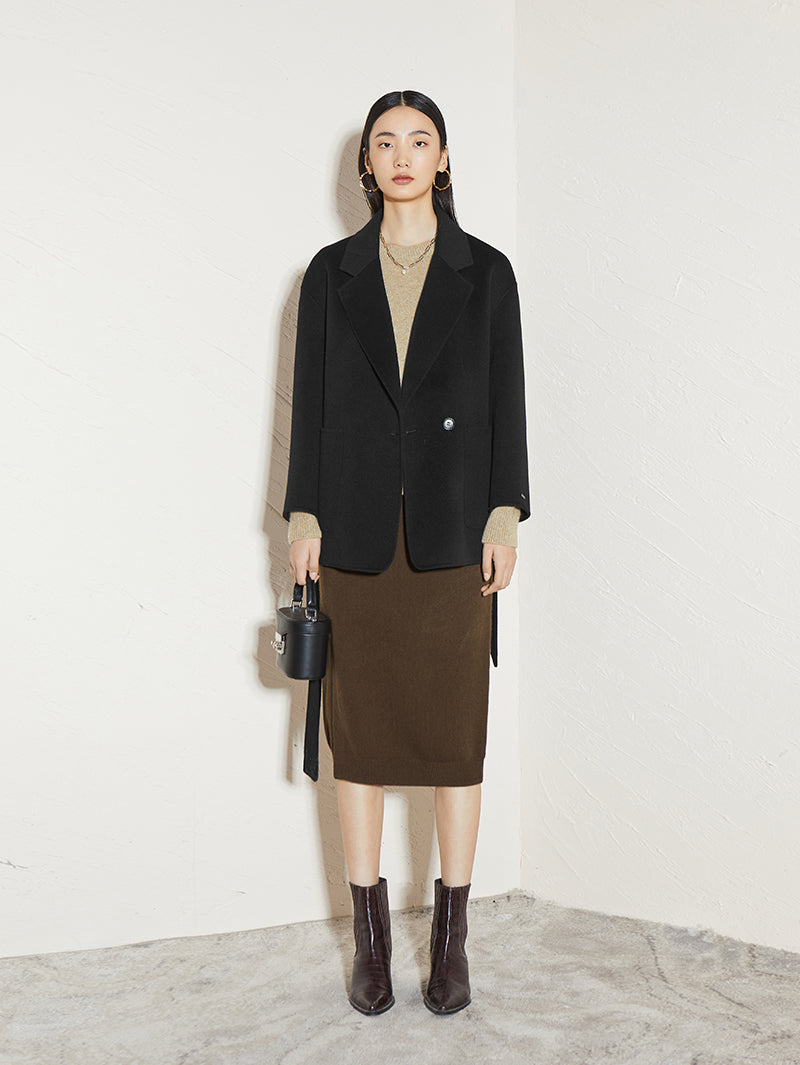 Women's Black 100% Sheep Wool Coat with Belt