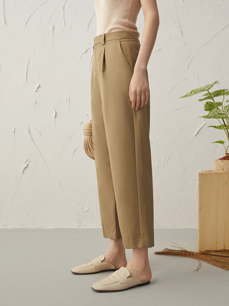 Women's Khaki Straight Fit Wool Trousers