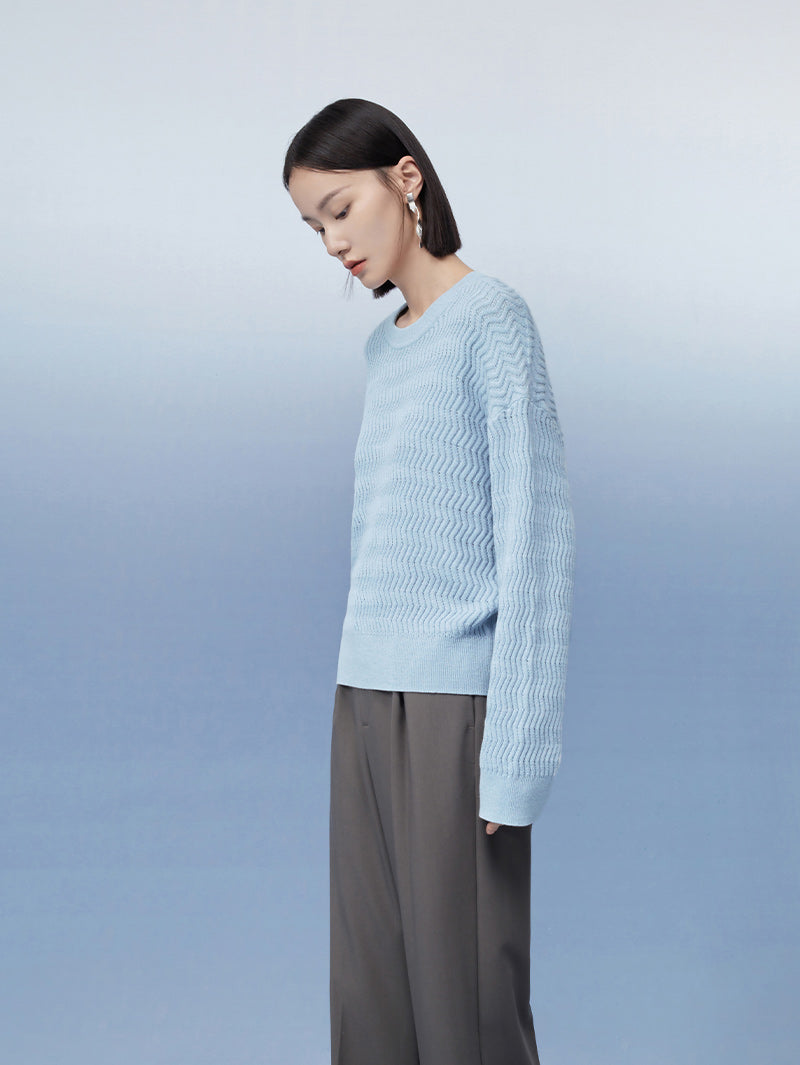 Women's Blue Round Neck Knit Pullover Sweater