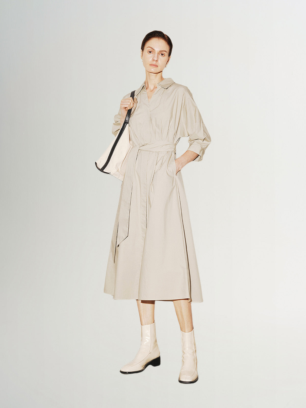 Beige cotton round neck dress